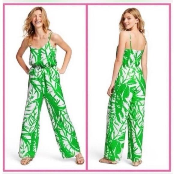 LILLY PULITZER Palm Boom Boom Jumpsuit green white palm leaf high waist medium - Picture 2 of 5